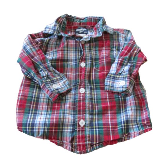 OshKosh Button Front Dress Shirt Boys‎ Size 9M Red Plaid Long Sleeve Collared - Picture 1 of 3